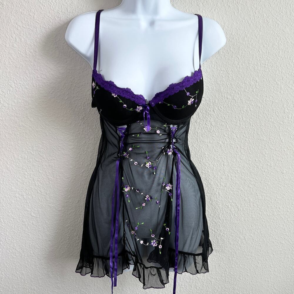 Indulgence by Biatta Lingerie Women's S/32 Black Floral Babydoll Chemise Dress
